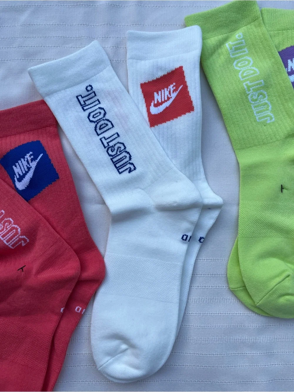 Nike Crew Socks Trio - Red, White, Lime with 'Just Do It' Branding